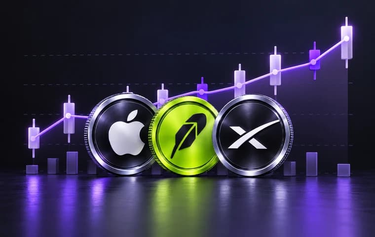 Stock Vaults: Apple, Robinhood and SpaceX coins in front of a rising candlestick chart